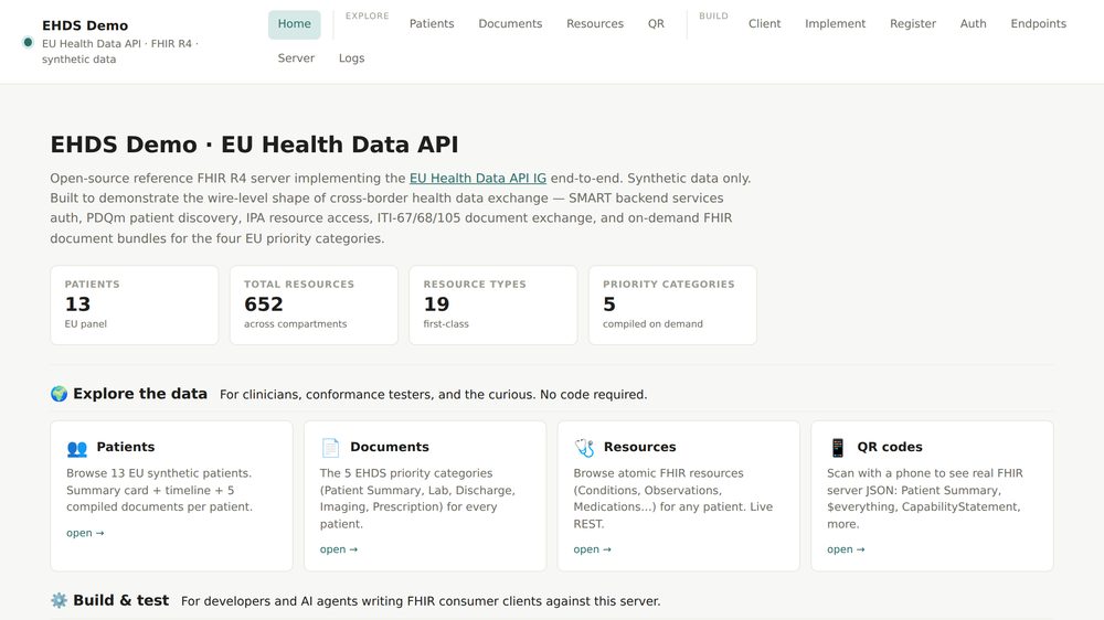 The EHDS demo server home page showing resource counts and explorer cards