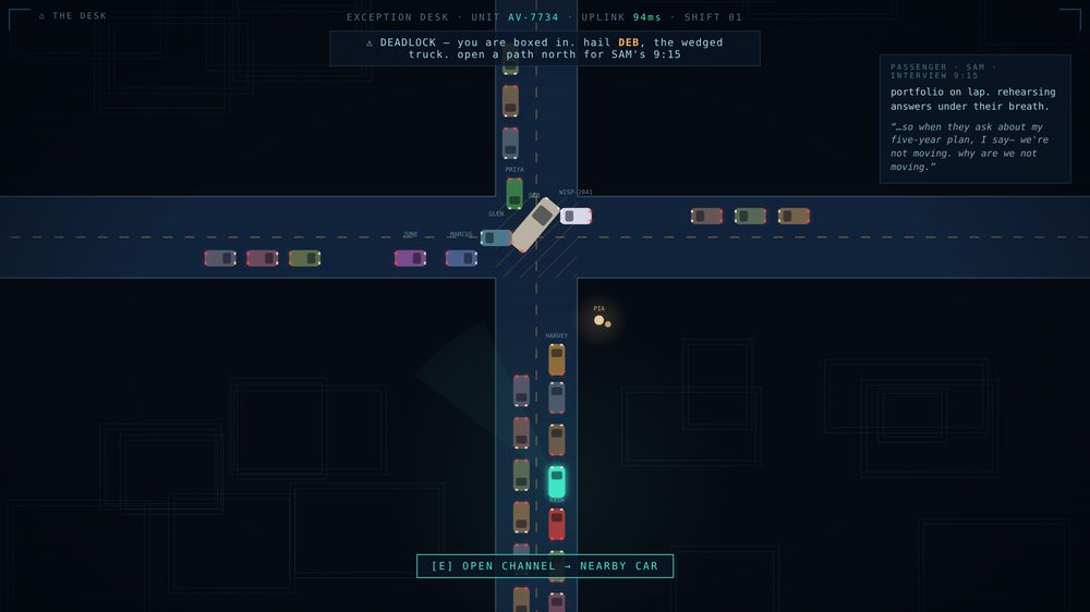 A top-down gridlocked intersection with named drivers and an operator console overlay