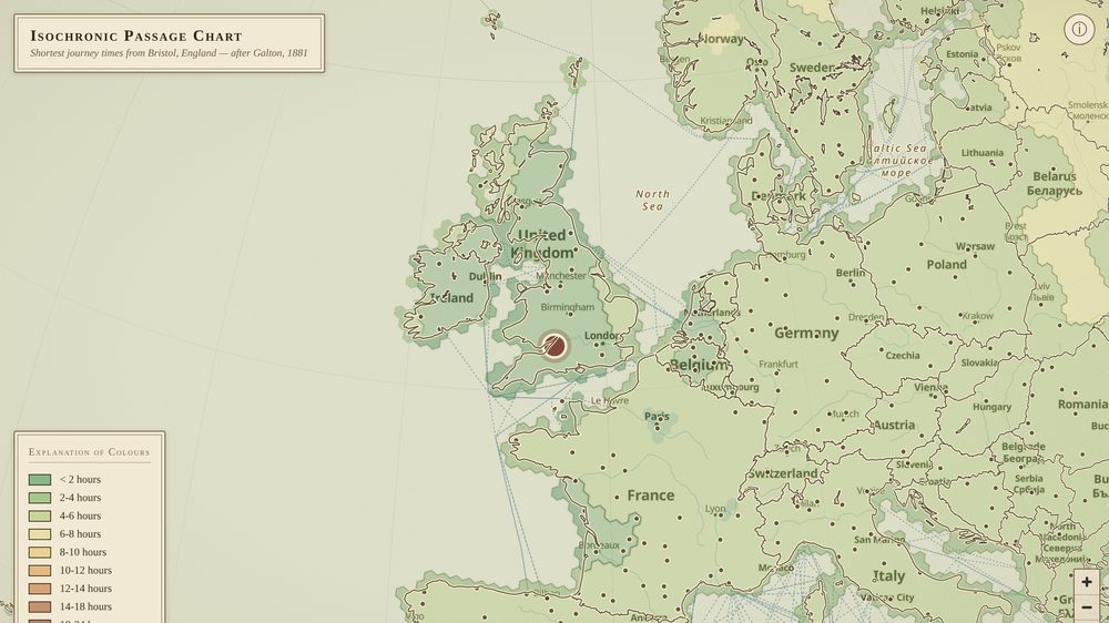 An isochrone map of Europe shaded by travel time from Bristol